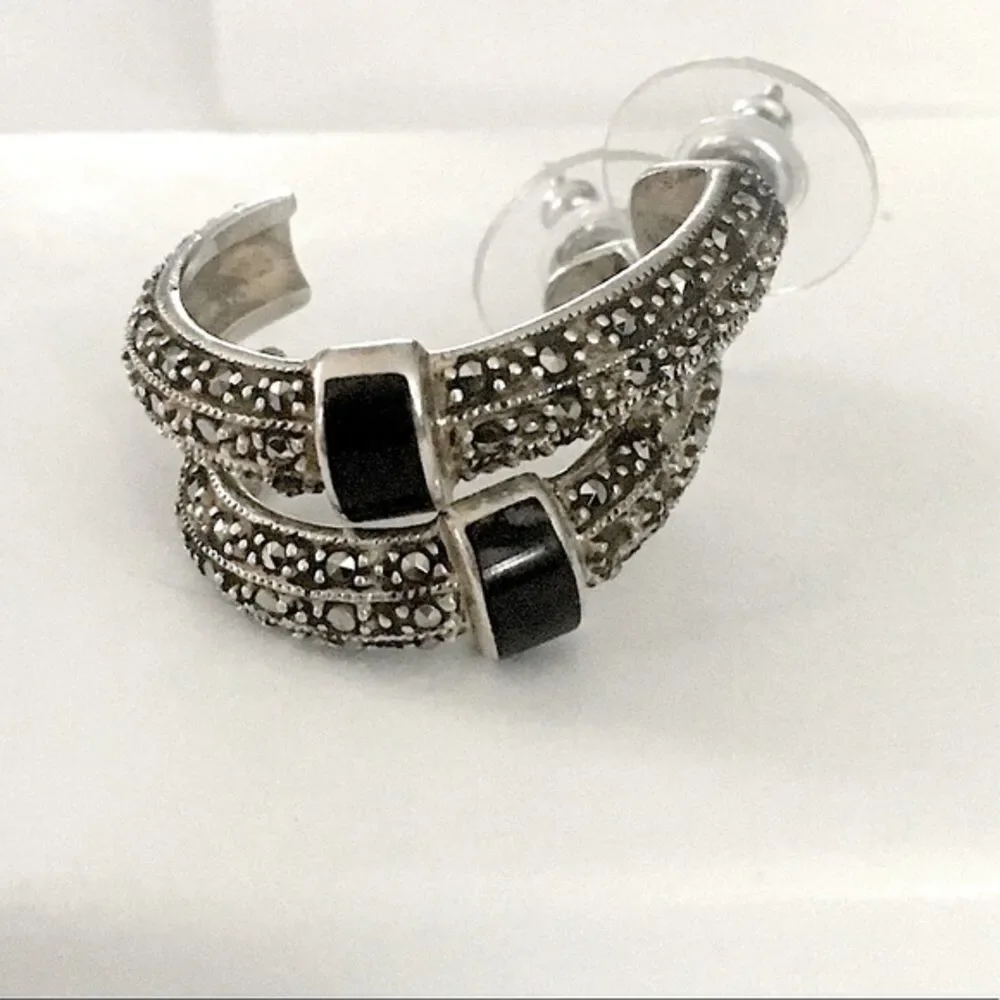 VTG Onyx Marcasite Sterling Demi Hoops Earrings
